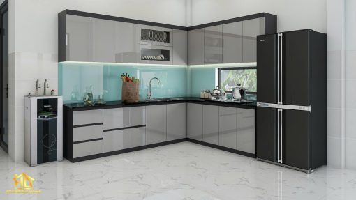 Tủ Bếp Chữ L Màu Xám Trắng
